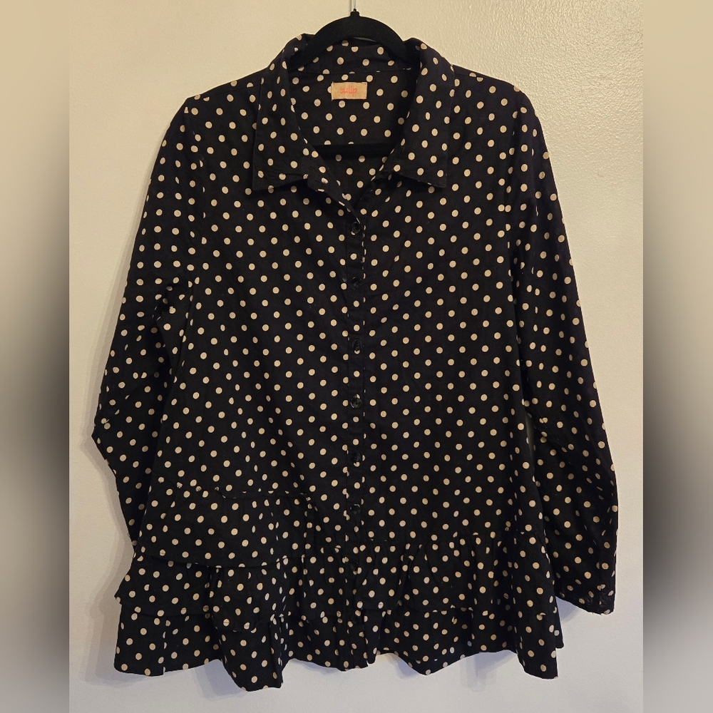 Tulip Womens Cotton Black Cream Polka Dot Long Tunic Button Up Blouse Ruffles